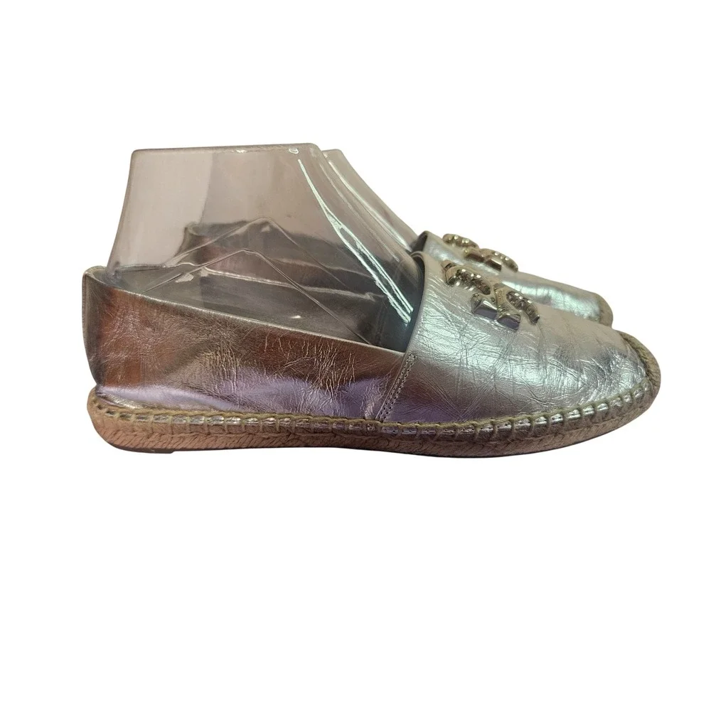 Tory Burch Eleanor Silver Metallic Leather Espadrille Flats Double T Logo 8.5M